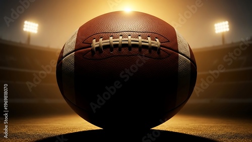 American Football Ball Centered Under Stadium Lights On Field