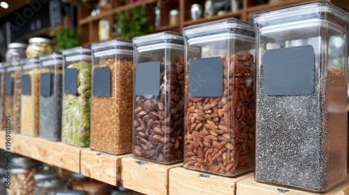 Clear glass containers with bulk food ingredients and black labels on wooden shelf. Assortment of nuts, seeds and grains for sale in zero waste grocery store. Sustainable shopping concept.