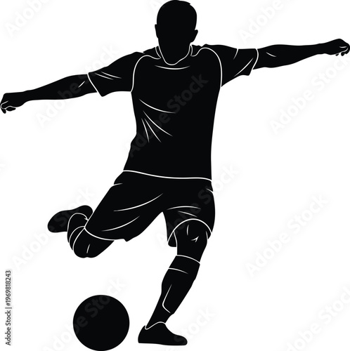 Dynamic silhouette of a male soccer player in midkick action with a soccer ball isolated on transparent background