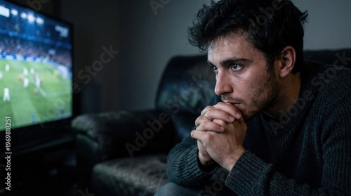 Watching a thrilling football match home emotional scene indoor close-up anticipation