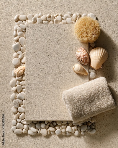 A frame with white pebbles and seashells, in a beige color on top, and at each side there is one towel with round sponge for washing the face. 