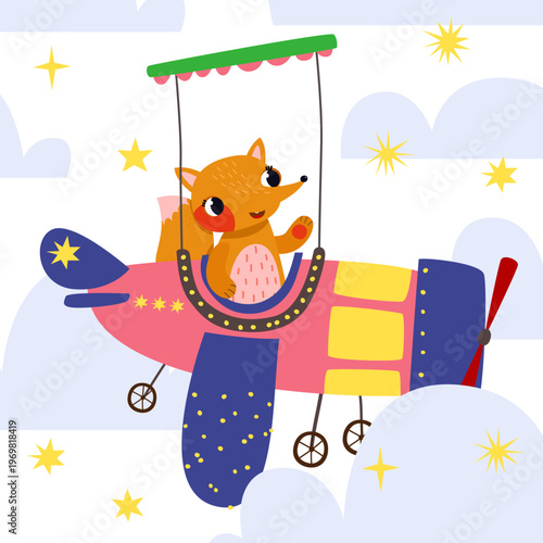 Clever fox pilot flying pink airplane with yellow wings for autumn woodland parties or forest animal nursery decor hand drawn whimsical aircraft illustration