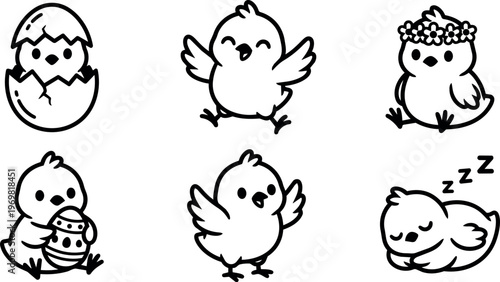 Cute black and white chicks with egg and floral crown in line art style