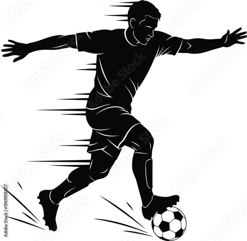 Dynamic silhouette of a soccer player in motion kicking a ball with speed lines