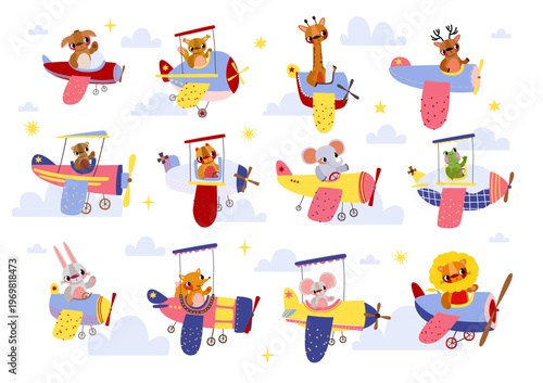 various cute cartoon animals in airplanes among clouds and stars. Perfect for kids' fabrics, wallpaper, birthday gift wrap, and baby nursery decor