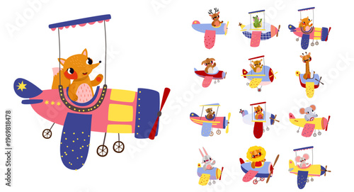 Collection of cartoon animals flying planes and one detailed biplane with a fox. Versatile element set for birthday party decorations, kids  activity books, and baby shower stationery