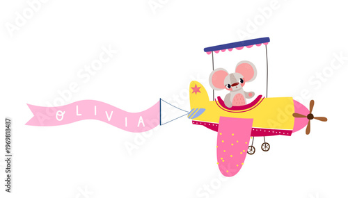 Small cartoon mouse flying a cheerful yellow biplane with a wavy pink name banner for OLIVIA. Perfect for a girl's personalized birthday greeting card, baby shower, or nursery decor