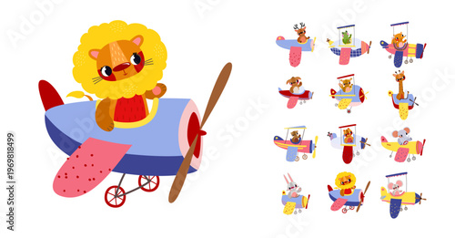 Mighty lion pilot on a playful blue airplane with a pink wing. Ideal for jungle-themed parties, courage themes, and baby boys. Cute cartoon art