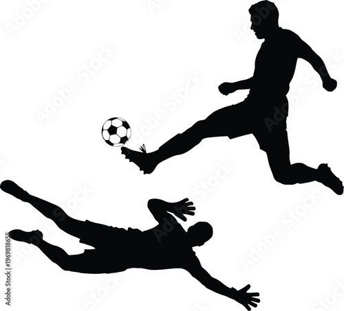 Dynamic silhouette of a soccer player kicking a ball while a goalkeeper dives to save it
