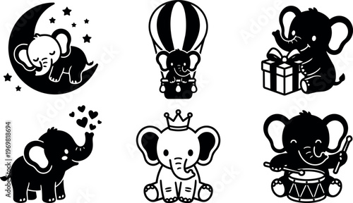 Black and white elephant icons sleeping playing with gift hearts and drum flat design