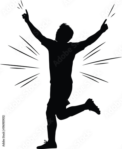 Silhouette of a happy football player celebrating victory with arms raised and fingers pointing upwards