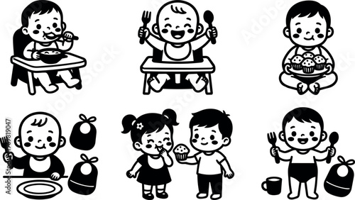 Happy toddlers eating and holding muffins with utensils