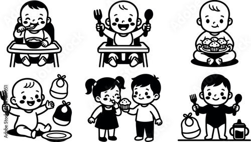 Black and white baby line art eating and sharing food with utensils