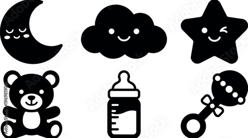 Black and white flat design baby moon cloud star teddy bottle rattle icons