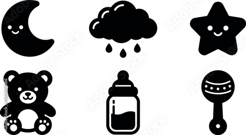 Black and white cute baby icons with moon star teddy and bottle