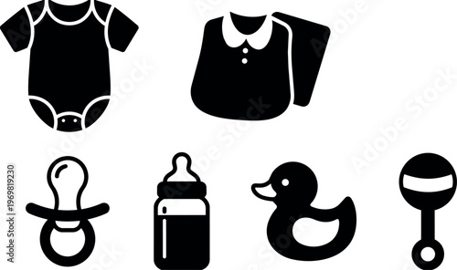 Black and white baby items set with bodysuit bib pacifier bottle duck and rattle
