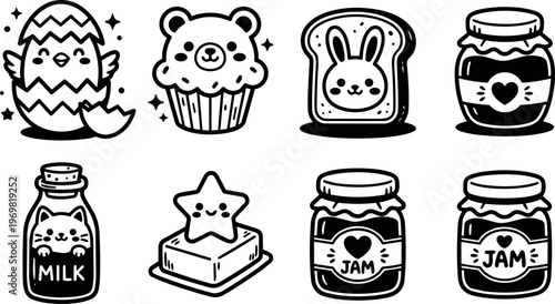 Black and white cute easter chicks cupcake bunny toast milk jam icons set