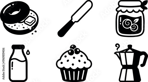 Breakfast food items including bagel milk muffin jam and coffee pot