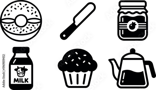 Black and white vector icons of milk jar donut muffin jam and teapot