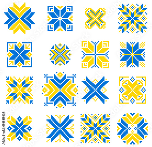 Set of geometric embroidery symbols, Blue and yellow Ukrainian folk ornament elements collection vector, Vyshyvanka Day	