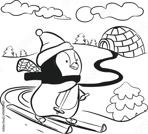 A penguin wearing a winter hat skiing on snowy landscape