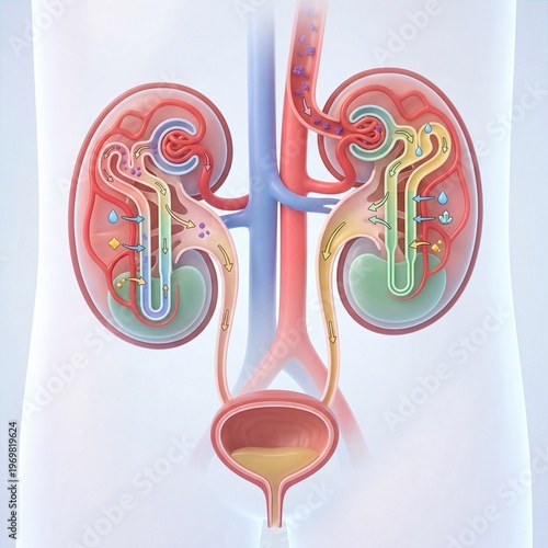 Detailed anatomical view of the human renal system, illustrating kidney function, blood filtration, and urine excretion pathways