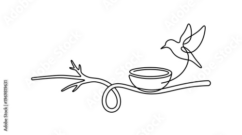 Bird Returning to Empty Nest Continuous Line Art Symbol of Home and Longing Vector