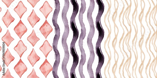 Minimalist Watercolor Pattern Triptych – Blush Pink Harlequin Diamonds, Dusty Lavender Stripes & Beige Wavy Lines on White