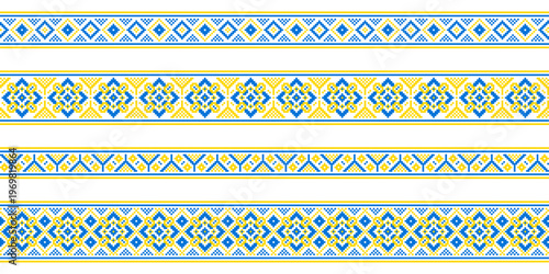Set of seamless folk embroidery borders, blue and yellow geometric cross stitch pattern isolated on white, vector Ukrainian Vyshyvanka ornaments