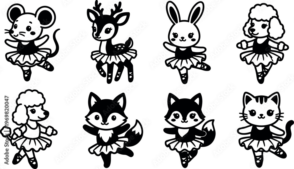 Obraz premium Black and white animal ballerinas in tutus dancing cute line art