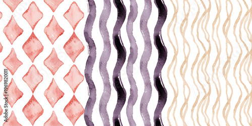 Minimalist Watercolor Pattern Triptych – Blush Pink Harlequin Diamonds, Dusty Lavender Stripes & Beige Wavy Lines on White
