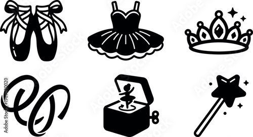 Black and white ballet shoes tutu crown rings music box and magic wand icons