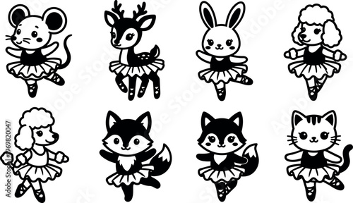 Black and white animal ballerinas in tutus dancing cute line art