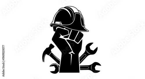 may day Construction, labor, worker hand with tools, industrial icon, black silhouette Silhouette