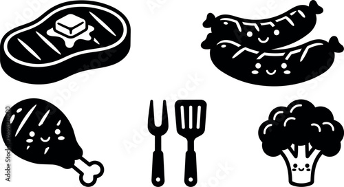 Black and white cute steak chicken sausages barbecue fork spatula broccoli icons