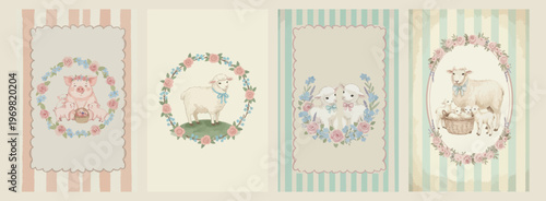 Cute lamb illustration, floral wreath frame, nursery animal art, baby sheep character, spring nature border, sweet animal portrait, decorative floral circle.

