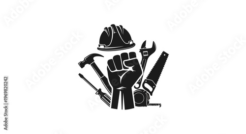 may day Construction, labor, industry icons, tools, hard hat, fist, black vector graphics Silhouette