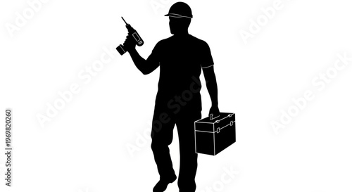 may day Black silhouette construction worker, tool belt, drill and toolbox, industrial laborer, worker icon Silhouette
