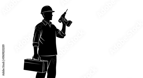 may day Black silhouette of a worker, industrial laborer, construction worker, tool set Silhouette