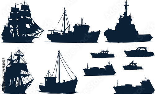 Various Ship Silhouettes Collection. Tall Ship, Cargo and Small Boats on White