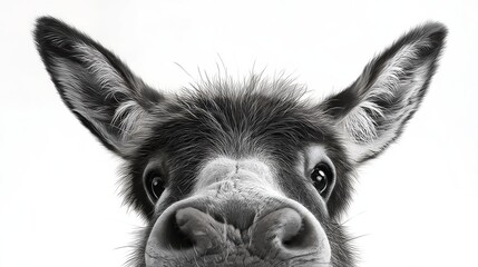 Close-up portrait of a donkey's face with large ears and expressive eyes, showcasing detailed fur texture against a white background
