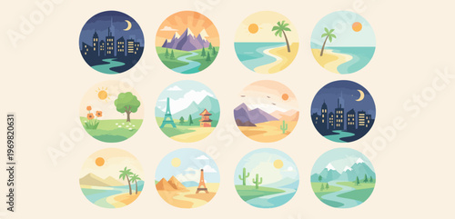 Global travel landmarks, eiffel tower paris, tropical island nature, mountain forest river, desert sunset landscape, city skyline night, world tourism icons.

