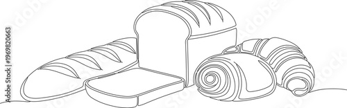 Minimalist continuous line art of bakery products, assortment of bread loaf and croissant vector, simple black outline of pastry and baguette