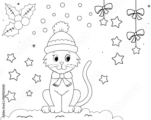 Cute cartoon cat in winter hat and scarf on snowy ground