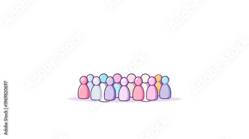 Group of diverse, stylized human figures in pastel colors standing together on a white background, representing community and unity in a minimalist illustration