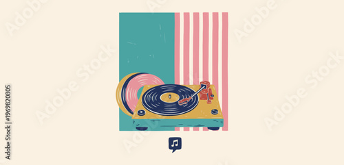 Vintage vinyl record player, retro turntable illustration, music lover aesthetic, old school stereo system, striped colorful background, classic audio equipment, nostalgic music vibes

