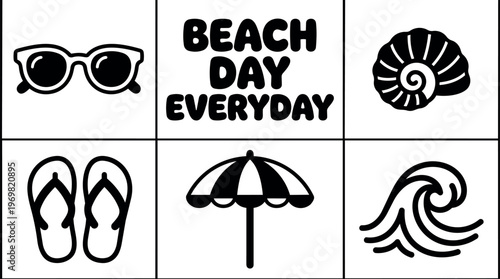 Black and white beach day everyday text sunglasses shell flip flops umbrella and wave icons line art