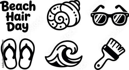 Beach hair day text with flip flops shell wave sunglasses and hair pick vector art