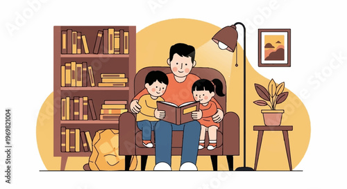 Father reading bedtime story to children on cozy armchair