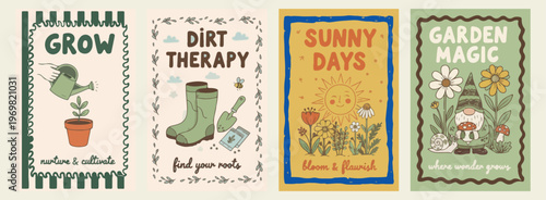 Dirt therapy gardening boots, sunny days sun illustration, retro vertical posters, outdoor hobby concept, vintage aesthetic wall art, summer vibe graphics, garden lover gift


